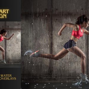 May include: A woman wearing a red sports bra and blue shorts runs through a downpour of rain. The background is a grey concrete wall.