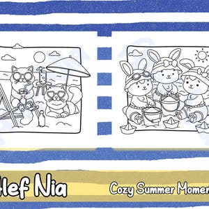 Cozy animal coloring pages featuring adorable rabbits bears and other cute friends in a fun and relaxing beachside setting stress relief art