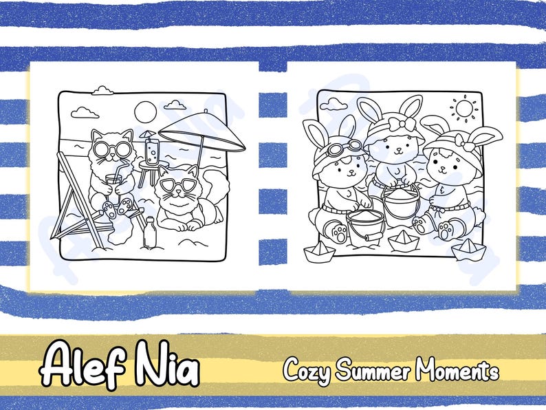 Cozy animal coloring pages featuring adorable rabbits bears and other cute friends in a fun and relaxing beachside setting stress relief art