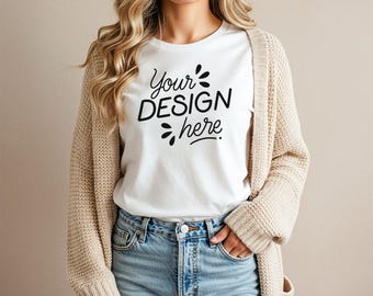 Gildan 64000 T-Shirt Mockup PSD: Women's White Tee (Digital Download)