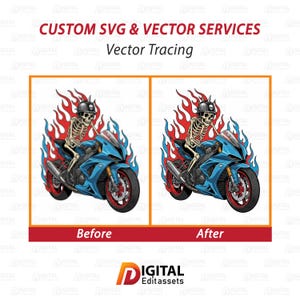 Könnte beinhalten: Bild mit "Vorher" und "Nachher" Beispielen für Vektorisierungsdienste. Die Illustrationen zeigen ein Skelett auf einem blauen Motorrad, umgeben von Flammen. Der Text enthält "CUSTOM SVG & VECTOR SERVICES" und "Vector Tracing".