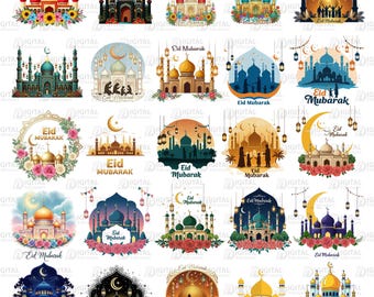 Eid Mubarak PNG Bundle, Eid Mosque Clipart, Happy Eid al Fitr PNG, Ramadan Design, Islamic Sublimation, Eid Gift Digital