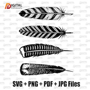 May include: Four black and white feather illustrations with intricate designs. The feathers vary in shape and pattern, with details like stripes and textured edges. The bottom of the image includes the text "SVG + PNG + PDF + JPG Files".