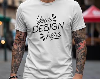 WHITE Comfort Colors 1717 Mockup, Men's T-shirt Mockup, Tattoed Man Model, Mock C1717 White Mockup, Comfort Colors, White Mockup Street