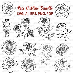 Op de afbeelding: Een zwart-wit digitale illustratie van een rozenomtrekbundel. De afbeelding bevat verschillende rozenontwerpen, sommige met stelen en bladeren. De tekst bovenaan luidt "Rose Outline Bundle" en geeft bestandsformaten weer: SVG, AI, EPS, PNG, PDF.