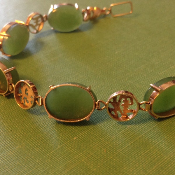 EN ESPERA para Barbara / Pulsera vintage de eslabones de cabujón de jade y oro macizo amarillo de 18 kt con cabujones de jade translúcidos de caligrafía china
