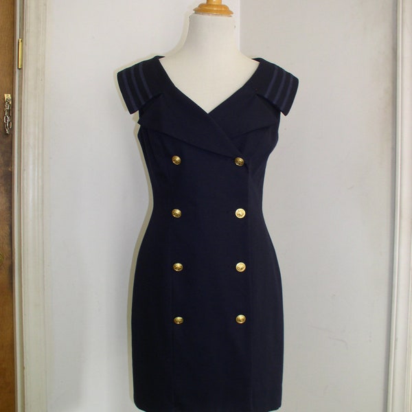 Womens Dresses / Nautical Double Breasted Navy Dress with Striped Collar