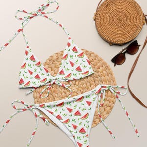 Watermelon Print String Bikini – Cute Summer Swimsuit for Women, Adjustable Triangle Top and Bottom, Fruity Swimwear, Y2K Beach Look