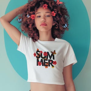 Summer Crop Top with Flowers, Cute Graphic Tee for Women, Aesthetic Summer Shirt, Trendy Cropped T-Shirt