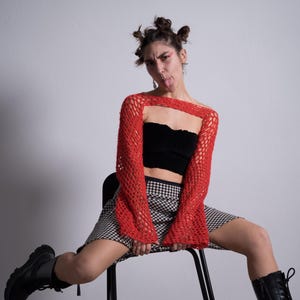 Neon schouderophalen, bijgesneden vest, visnet bolero bolero, handgehaakte mesh top, schouderophalen top, dames schouderophalen, gehaakte noodlijdende schouderophalen, jaren 2000, Y2k