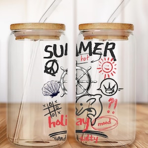 Summer Glass Tumbler Cup | Cute Beach Theme Iced Coffee Cup | Summer Ice Coffee Libbey Cup with Straw & Bamboo Lid  (16oz)