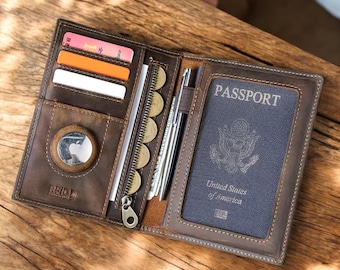 Genuine Cow Leather Passport Holder Travel Wallet with Airtag Case Anti-lost Pocket Pen Card Holder RFID Blocking Passport Cover