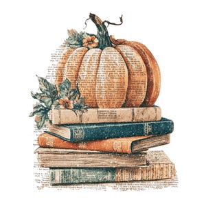 Puede incluir: Ilustración de una calabaza naranja con un tallo marrón, adornada con hojas y flores, sobre una pila de libros antiguos. Los libros son en tonos marrón, azul y verde, creando una estética vintage.