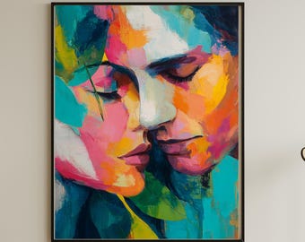 Colorful Abstract Couple Wall Art, Intimate Face-to-Face Painting, Modern Love Printable Art, Oil Painting Digital Download