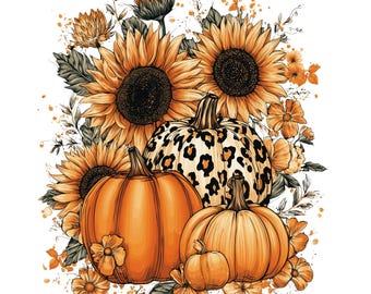 Floral Pumpkin PNG, Fall Shirt Design, Rustic Coquette Fall Aesthetic Sublimation, Leopard Pumpkin for Autumn Vibes. Floral PNG