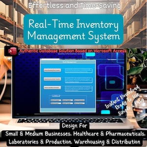 May include: A laptop screen showing a real-time inventory management system. The interface is blue and features options for stock management, search functions, and database access. Text includes "Goods Receiving," "Stock Transfer," and "Instant Download." The design is for small businesses.