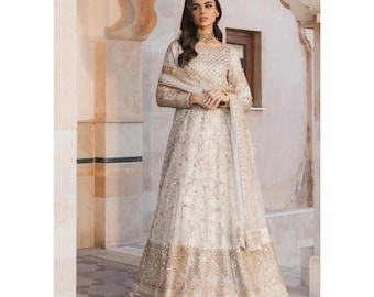 Pakistani Wedding Dress Gold | Stitched Pishwas with Jamawar Trousers | Indian Party Clothing