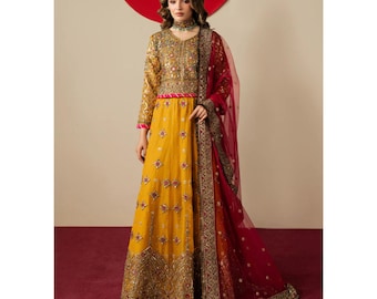 Conjunto de choli y lehenga color mostaza / Vestido pakistaní de 3 piezas / Traje bordado para invitada de boda / Ropa formal