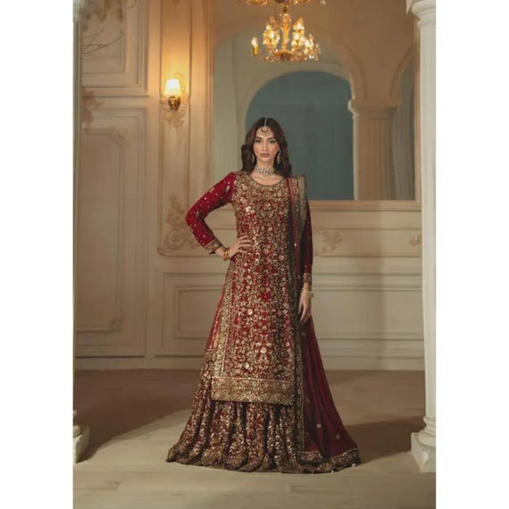 Bridal Dress | Red Chiffon Lehenga Choli | Embroidered Pakistani 3PC Wedding Dress Set | Designer Outfit