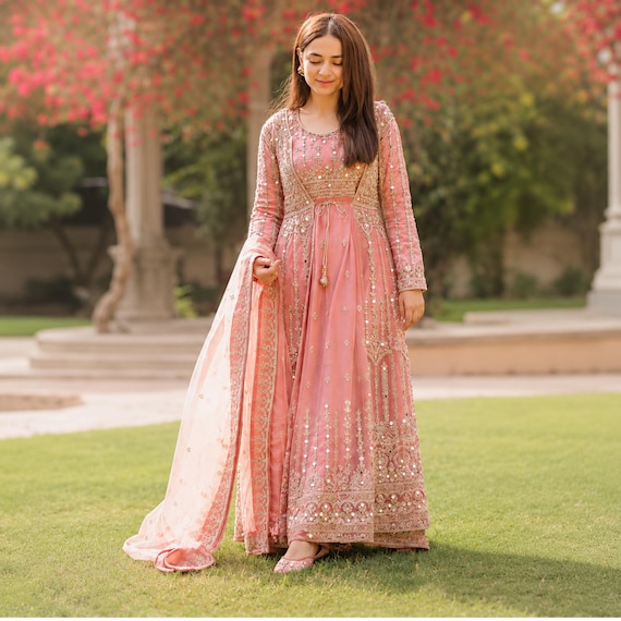 Baby Pink Net Pakistani Outfit 4 Piece | Wedding Guest & Bridesmaid Wear