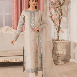 Embroidered Raw Silk Shalwar Kameez | 3-Piece Pakistani Suit | Pakistani Dresses For Women