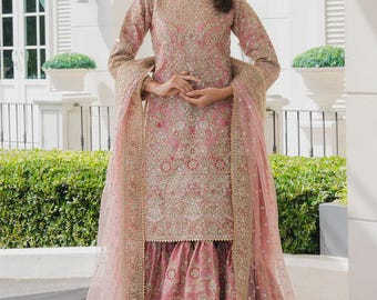 Blush Pink Gharara Set | Pakistanische Hochzeitskleidung | 3-teilige Abendkleidung