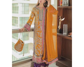 Completo Kurta pakistano / Abito in chiffon a 4 pezzi / Abito da invitata a un matrimonio ricamato / Abbigliamento da festa per donna