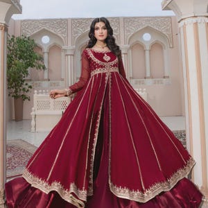 Maroon Chiffon Pishwas Dress: Pakistani Wedding Outfit, Embroidered Dupatta