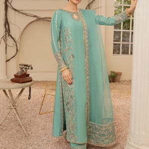 Turquoise Khaddi Silk Pakistani Suit: Gold Embellished 3-Piece Raeha Outfit