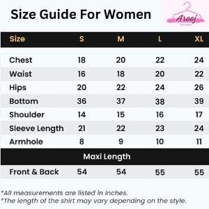 May include: Size chart for women's clothing with measurements in inches for chest, waist, hips, bottom, shoulder, sleeve length, armhole, and maxi length (front and back).