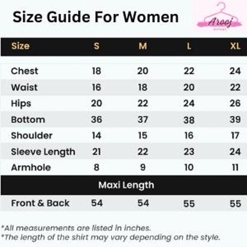 May include: Size chart for women's clothing with measurements in inches for chest, waist, hips, bottom, shoulder, sleeve length, armhole, and maxi length (front and back).