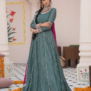 Designer Anarkali dress for women Ready to wear gown 3pc set Anarkali suit Georgette Gown Green Long Gown Suit Dresses For Indian Womens