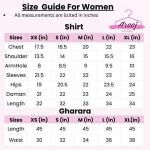 May include: A size guide for women's shirts and Gharara pants, with measurements in inches. The guide includes chest, shoulder, armhole, sleeve, hips, daman, length, and waist measurements for sizes XS to XL. The Arooj Boutique logo is in the top right.