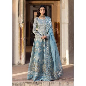 Ice Blue Embroidered Bridal Maxi Dress 3PC | Pakistani Wedding Outfit with Trousers & Dupatta