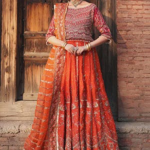 Embroidered Orange Silk Lehenga Choli: Pakistani Wedding Outfit