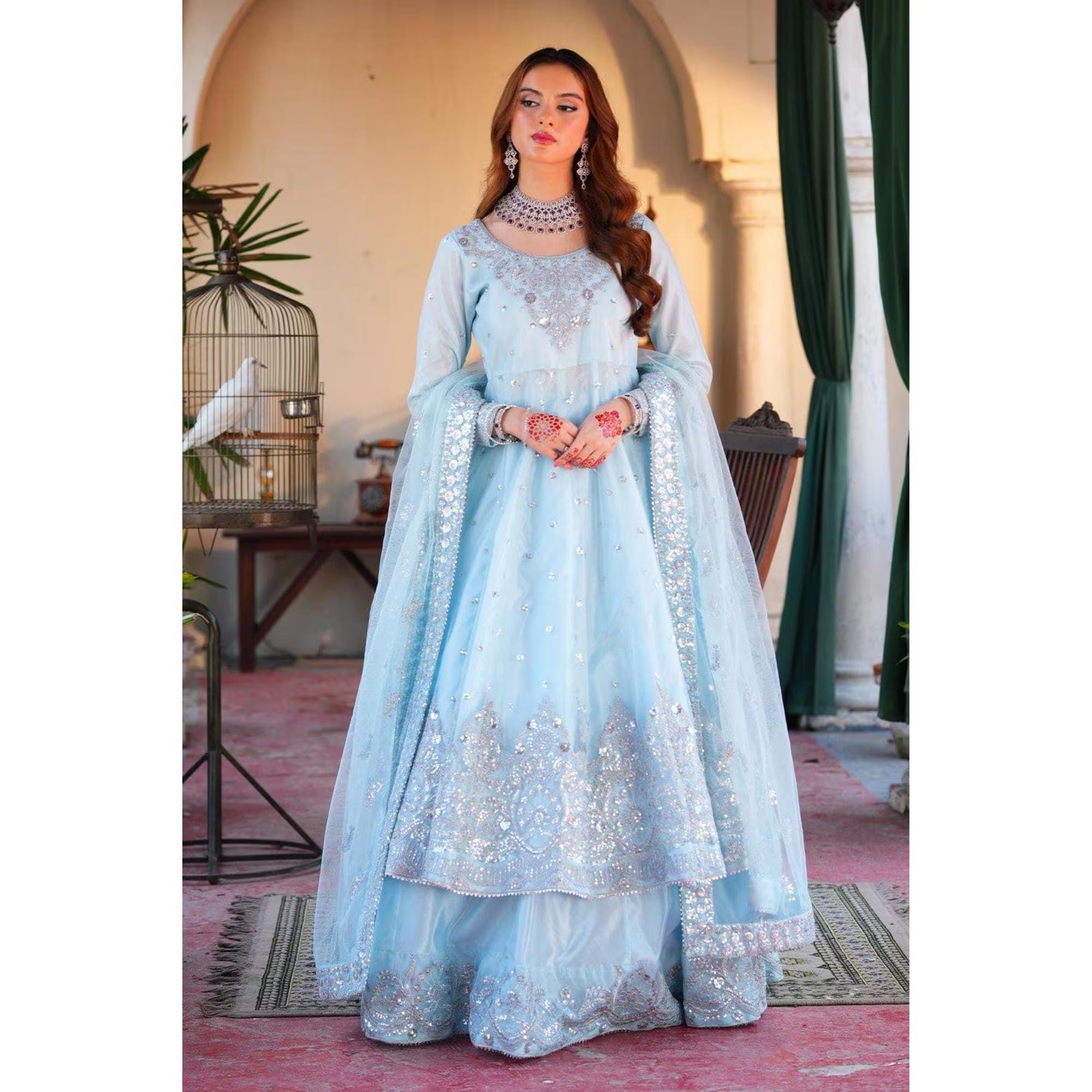 blue cross dress Asian Clothes Pakistani Grayish Blue Dual Color Anarkali Suit for Mehndi –  HATKE BRIDE main image 1
