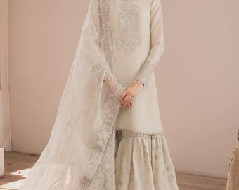 Embroidered Silk Gharara: Off-White Pakistani Outfit
