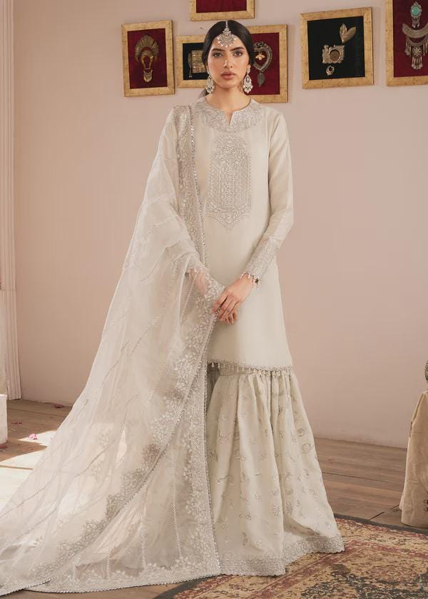 Embroidered Silk Gharara: Off-White Pakistani Outfit