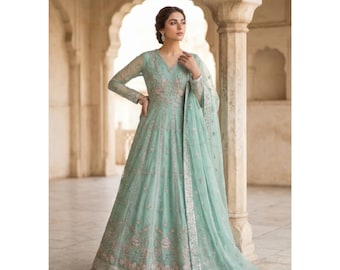 Mintgroen uitlopende maxi | 3-delige Pakistaanse jurk | Geborduurde feestkleding | Feestelijke outfit