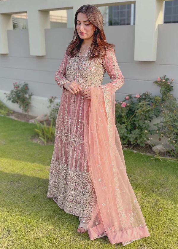 pink net dress Anarkali Gown Half Net Dress Design Dusty Pink Floral Embroidered Net  Anarkali Style Gown