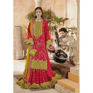 Ruby Red Pakistani Lehenga | Embroidered Wedding Guest Outfit | Chiffon 4 Piece Set