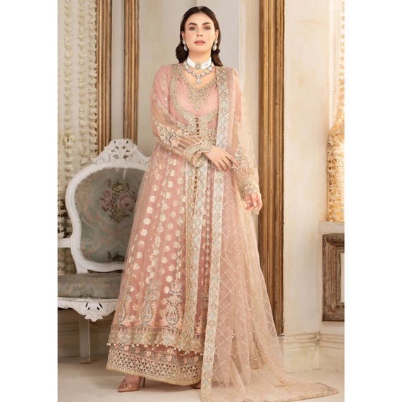 Pink Embroidered Net Maxi Dress Pakistani Wedding Guest Outfit with Dupatta
