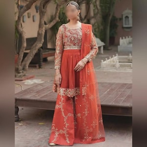 Olive Rust Embroidered Peplum Sharara 3PC – Pakistani Wedding & Party Wear