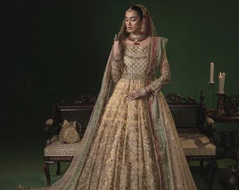 Gold Bridal Dress | Adda Work Handmade Luxury Bridal Maxi | Mehndi, Mayoun, Waleema Bridal Dress | Pakistani Designer
