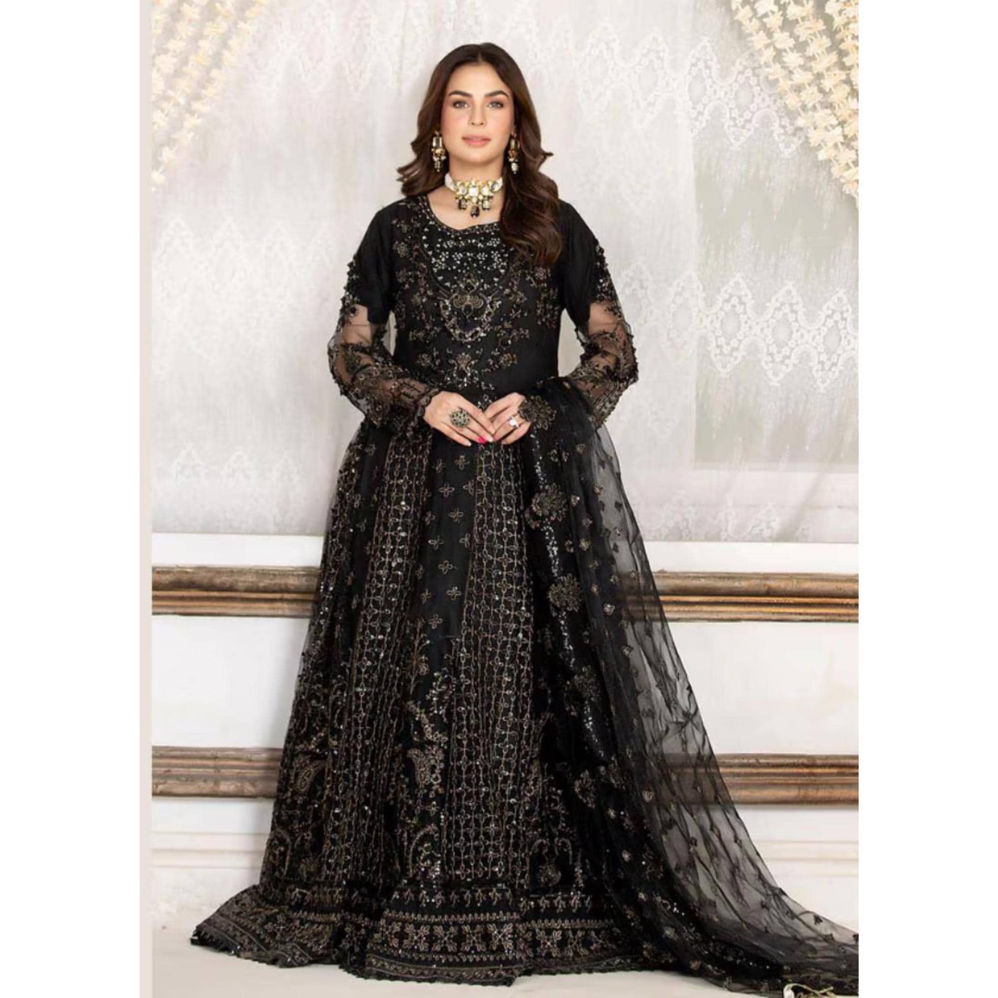 black maxi dress pakistani black maxi dress pakistani wedding Classic Black Maxi Pakistani Wedding Dress floral Dupatta CUSTOM