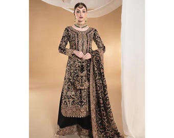 Black Pakistani Kurta Set | Embroidered Salwar Kameez with Potli | Wedding Guest Outfit