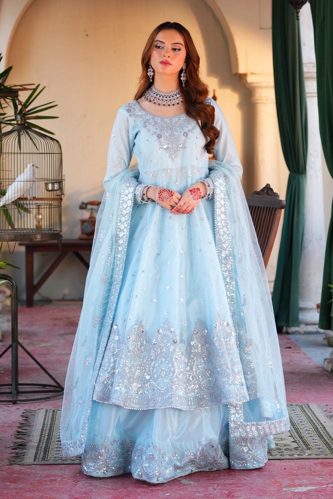 open lace back dress Shop New Pakistani Kameez Trousers Sky Blue Party Dress Large