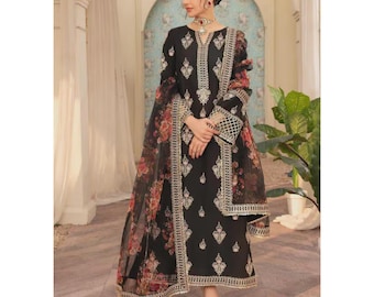 Black Pakistani Kurta Set | 3 Piece Raw Silk Outfit | Embroidered Wedding Guest Dress | Party Wear