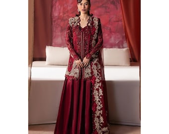 Rotes Organza pakistanisches Hochzeitskleid, Hand verzierte Abendkleidung, gestickter Luxus 3-teiliger Anzug