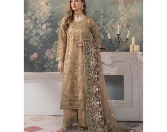 Embroidered Net Pakistani Salwar Kameez: 3-Piece Beige Suit